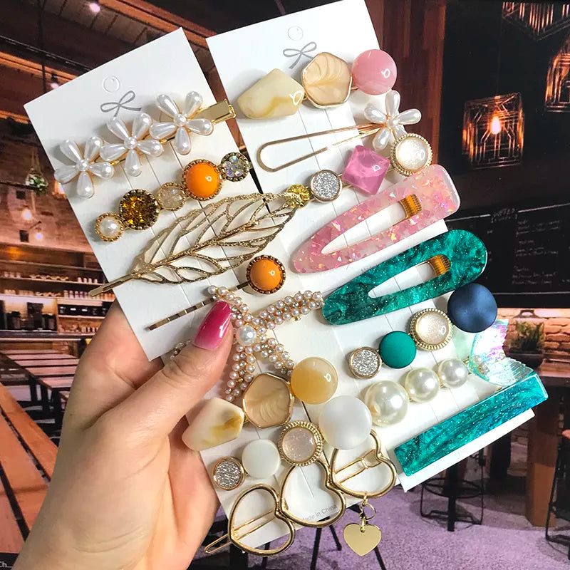 Pearl Crystal Acrylic Hair Clips Set for Women Retro Geometric Barrettes Hairpin Girl Hair Accessories Fashion Jewelry