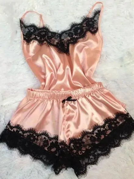 Women Bow Sleepwear Sleeveless Strap Nightwear Lace Trim Satin Cami Top Pajama Sets lingerie pyjamas women-Dollar Bargains Online Shopping Australia