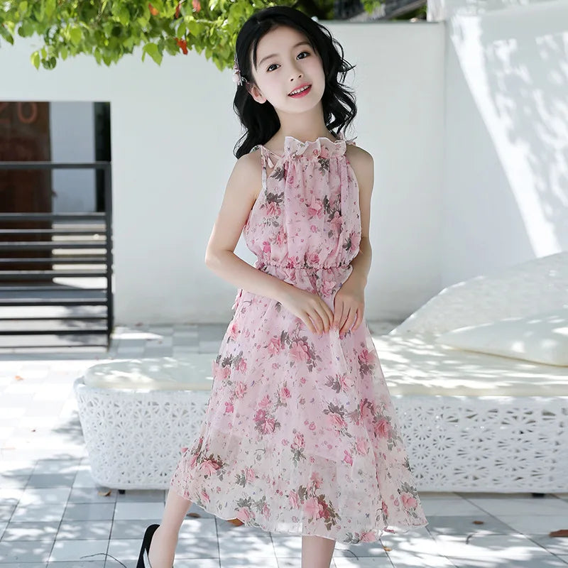 Bohemian Girls Flower Dress Kids Girl Beach Dresses Chiffon Kids Dresses Floral Teenager Girls-Dollar Bargains Online Shopping Australia