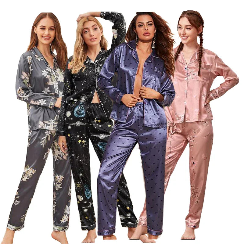 women Silk Satin pyjamas set Long sleeve Shirt with Trouser Sleepwear Loungewear Female Pyjamas Suits-Dollar Bargains Online Shopping Australia