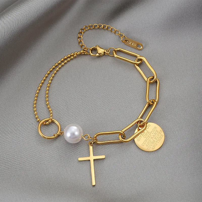 Layered Golden Pendant Bracelet For Women Retro Punk Gothic Portrait Coin Cross Pearl Bracelet Jewelry