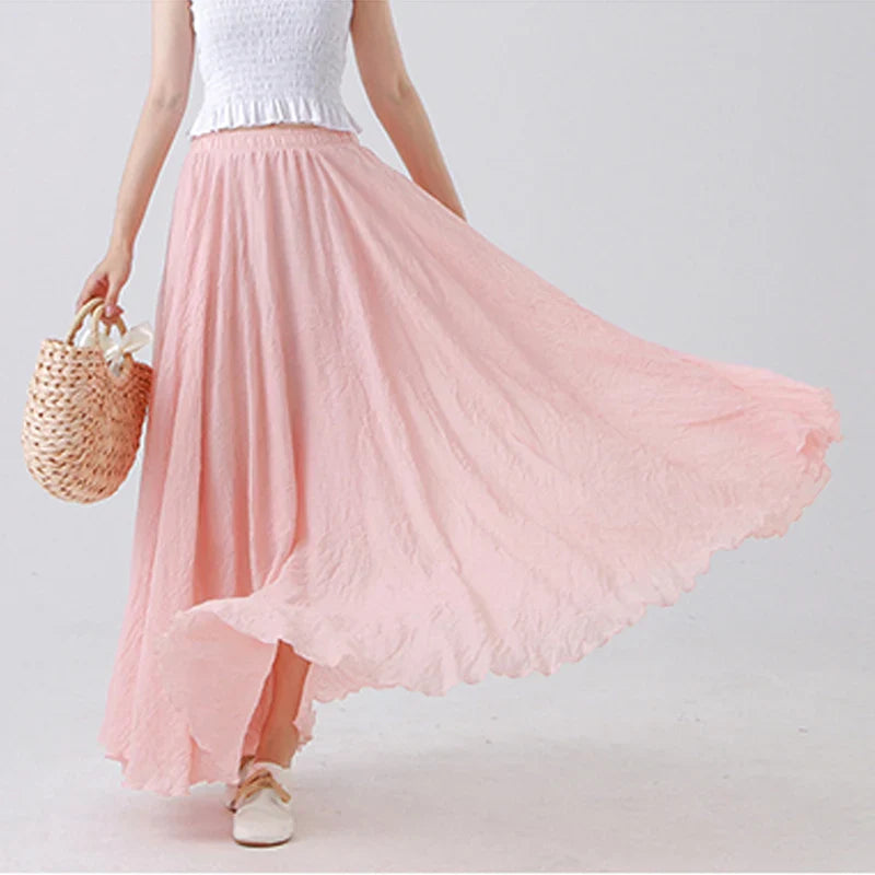 Cotton Linen Maxi Skirt Women Elastic High Waist Pleated A-Line Beach Skirts Boho-Dollar Bargains Online Shopping Australia