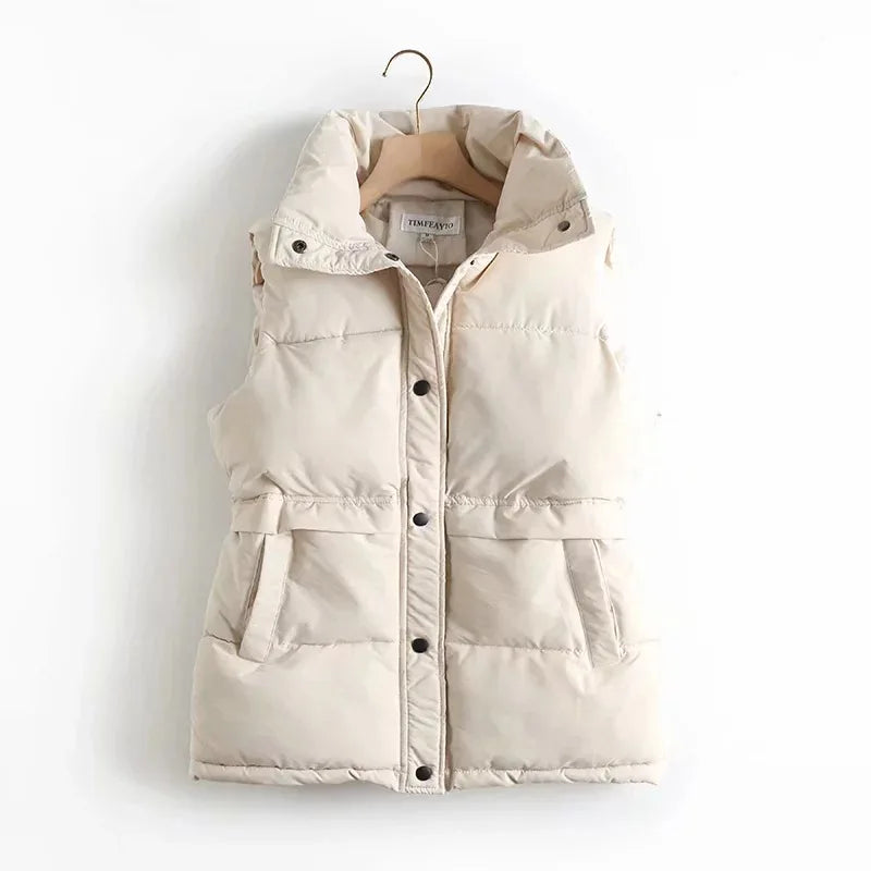 Women Solid Loose Vest Drawstring Stand Collar Long Vest Jacket  Cotton Padded Women Windproof Warm Waistcoat