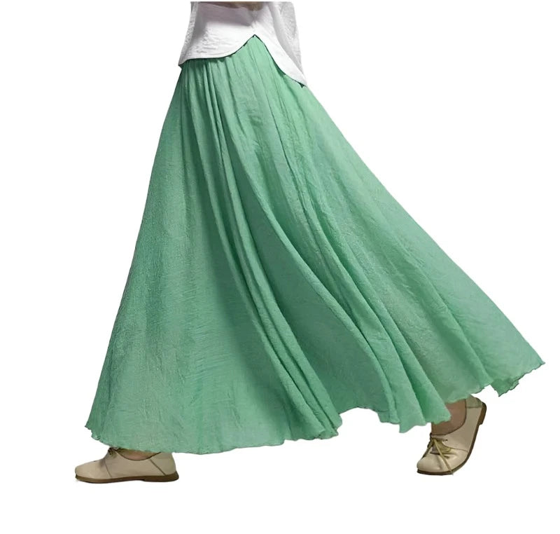 Women's Elegant High Waist Linen Maxi Skirt Summer Ladies Casual Elastic Waist 2 Layers Skirts