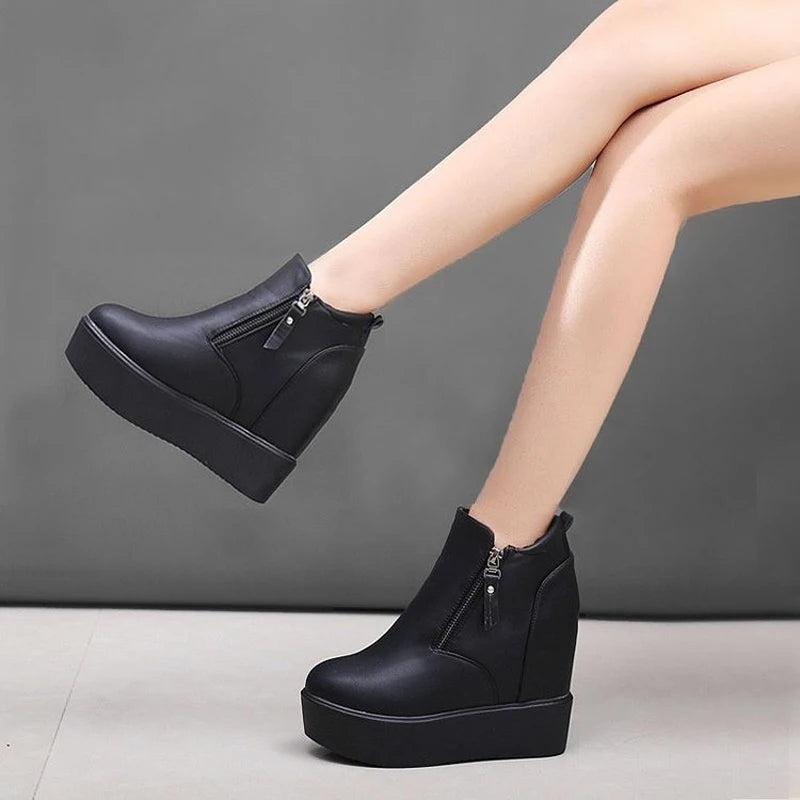 thick-soled inner heightening ankle boots women super high heel non-slip double side zipper boots