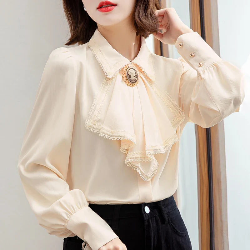 Retro Blue Chiffon Blouse Autumn Spring Bowknot Workwear OL Tops Elegant Women Long sleeve Lace shirt-Dollar Bargains Online Shopping Australia