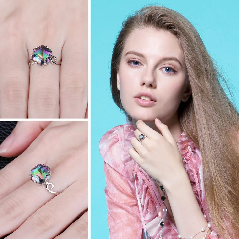 Flower Natural Rainbow Mystic Quartz 925 Sterling Silver Ring for Women Fine Jewelry