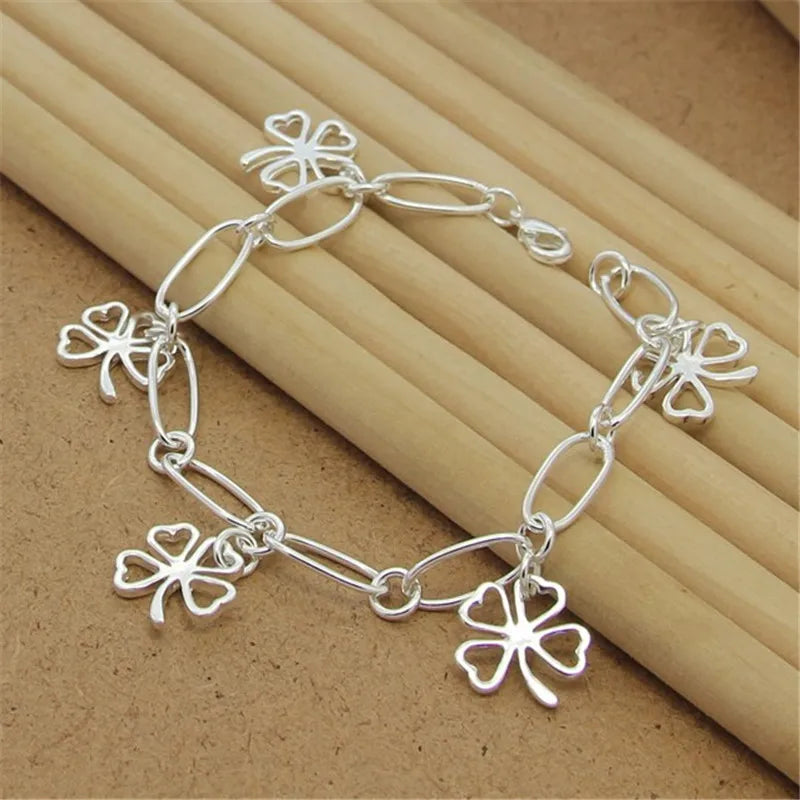 New 925 Sterling Silver Bracelet Four-Leaf Clover Heart Snake Bone Bracelet For Women Men Charm Jewelry Gift