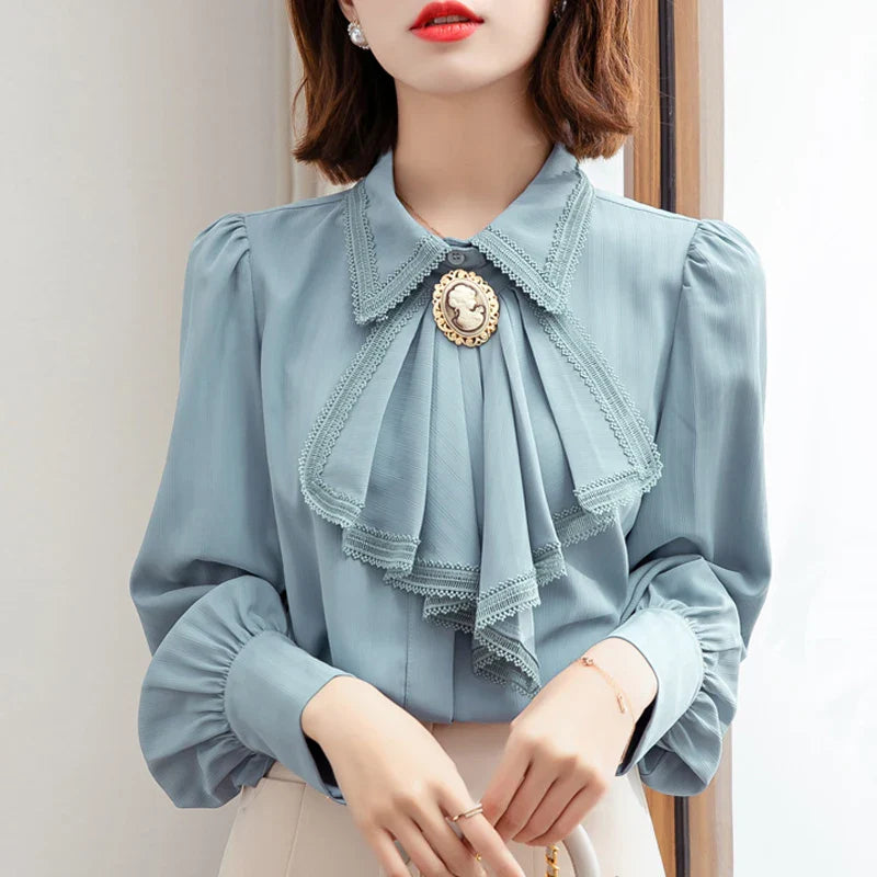 Retro Blue Chiffon Blouse Autumn Spring Bowknot Workwear OL Tops Elegant Women Long sleeve Lace shirt-Dollar Bargains Online Shopping Australia