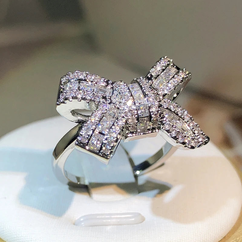 925 Silver Color Bowknot Bow Knot Bling Zircon Stone Rings for Women Fashion Wedding Engagement Jewelry