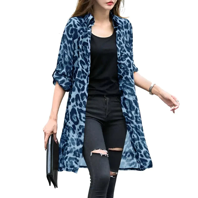 Leopard Cardigans Women's Summer Blouses Long Kimono Cape Female Lapel Tunic