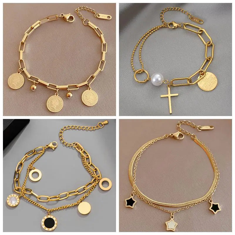 Layered Golden Pendant Bracelet For Women Retro Punk Gothic Portrait Coin Cross Pearl Bracelet Jewelry