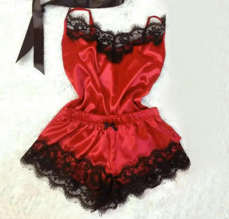 Women Bow Sleepwear Sleeveless Strap Nightwear Lace Trim Satin Cami Top Pajama Sets lingerie pyjamas women-Dollar Bargains Online Shopping Australia