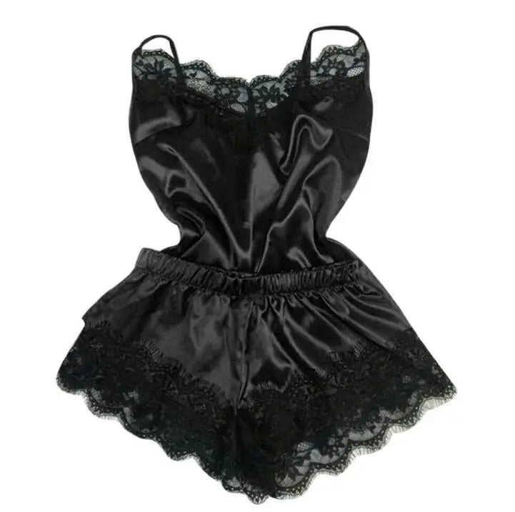 Women Bow Sleepwear Sleeveless Strap Nightwear Lace Trim Satin Cami Top Pajama Sets lingerie pyjamas women-Dollar Bargains Online Shopping Australia