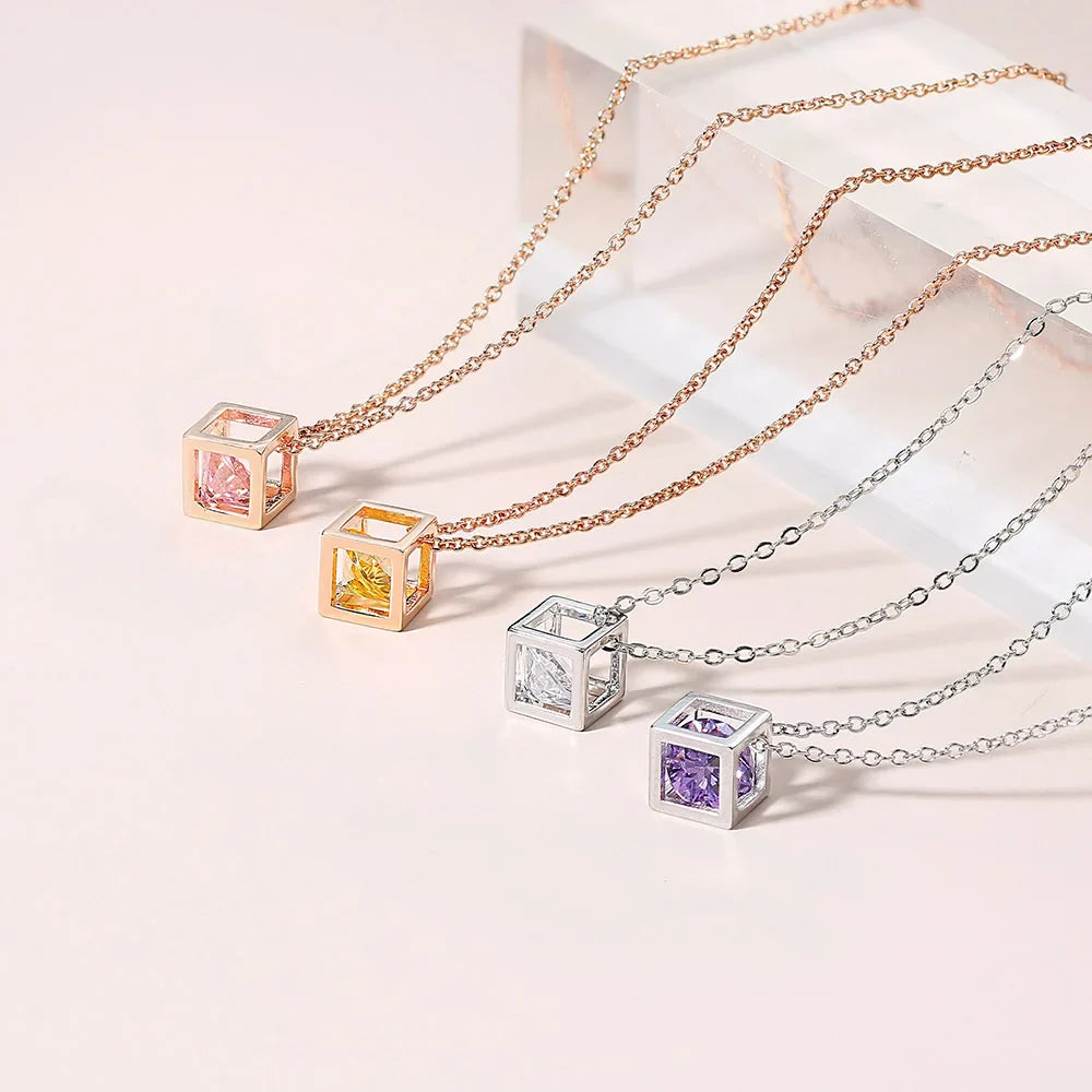 Charms Necklace For Women Aesthetic Cube Pink Zircon Rose Gold Color Choker Chain On Neck Jewelry Korean Pendants-Dollar Bargains Online Shopping Australia