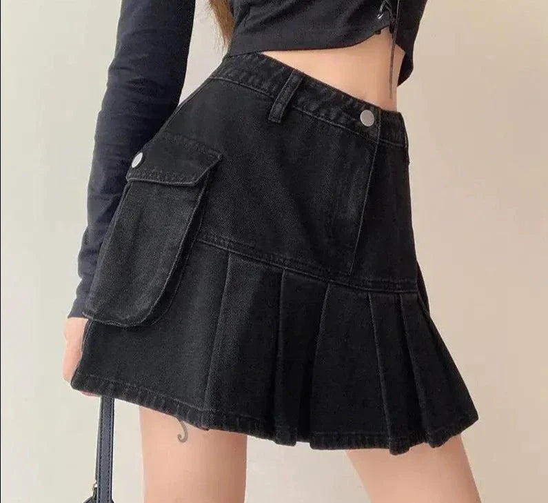 Skirt Women Folds Denim Mini Casual A-Line Vintage Fashionable Harajuku Sweet Girls-Dollar Bargains Online Shopping Australia
