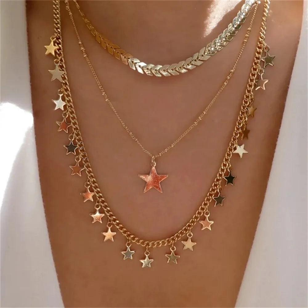Fashion Gold Color Heart-Shaped Necklace For Women Trendy Multi-Layer Pendant Necklaces Set Jewelry Gifts