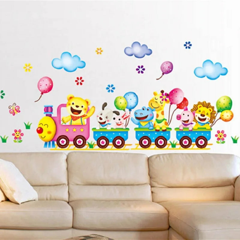 Cartoon Cute Animals Train Balloon DIY Removable Wall Stickers girls Bedroom Home Decor Mural Decal Wardrobe Art Decoration