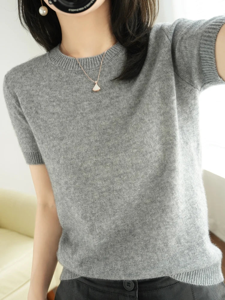 Short-sleeved Knitwear Women O-neck T-shirt Wool Cotton Blend Pullover Vest Sprig Summer Bottoming Tops Sweater Solid Soft-Dollar Bargains Online Shopping Australia