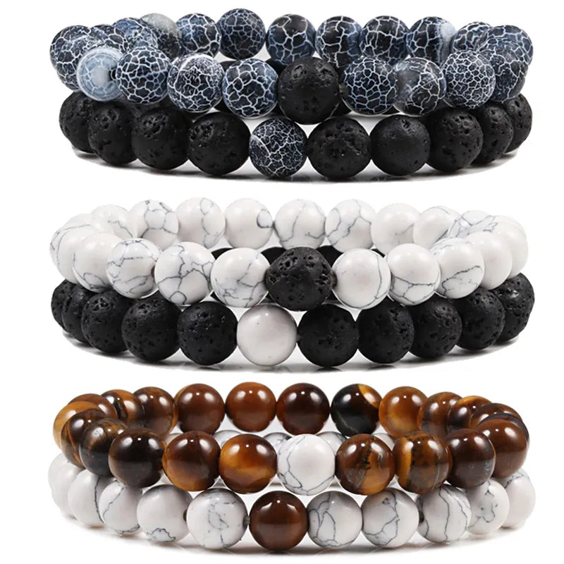 Bracelet Couples Distance Black White Natural Lava Stone Tiger Eye Beaded Yoga Bracelets for Men Women Elastic Rope Jewelry