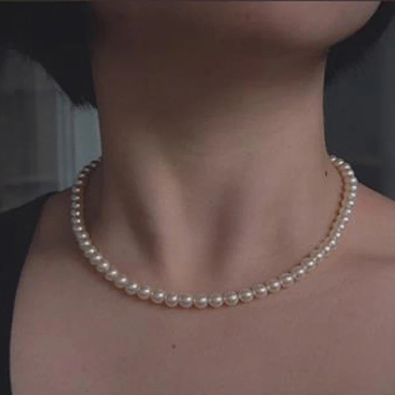 Vintage Style Simple 6MM Pearl Chain Choker Necklace For Women Wedding Love Shell Pendant Necklace