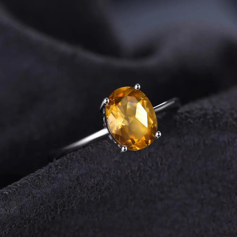 Oval Yellow Genuine Natural Citrine 925 Sterling Silver Rings for Women Fashion Gemstone Solitaire Engagement Band