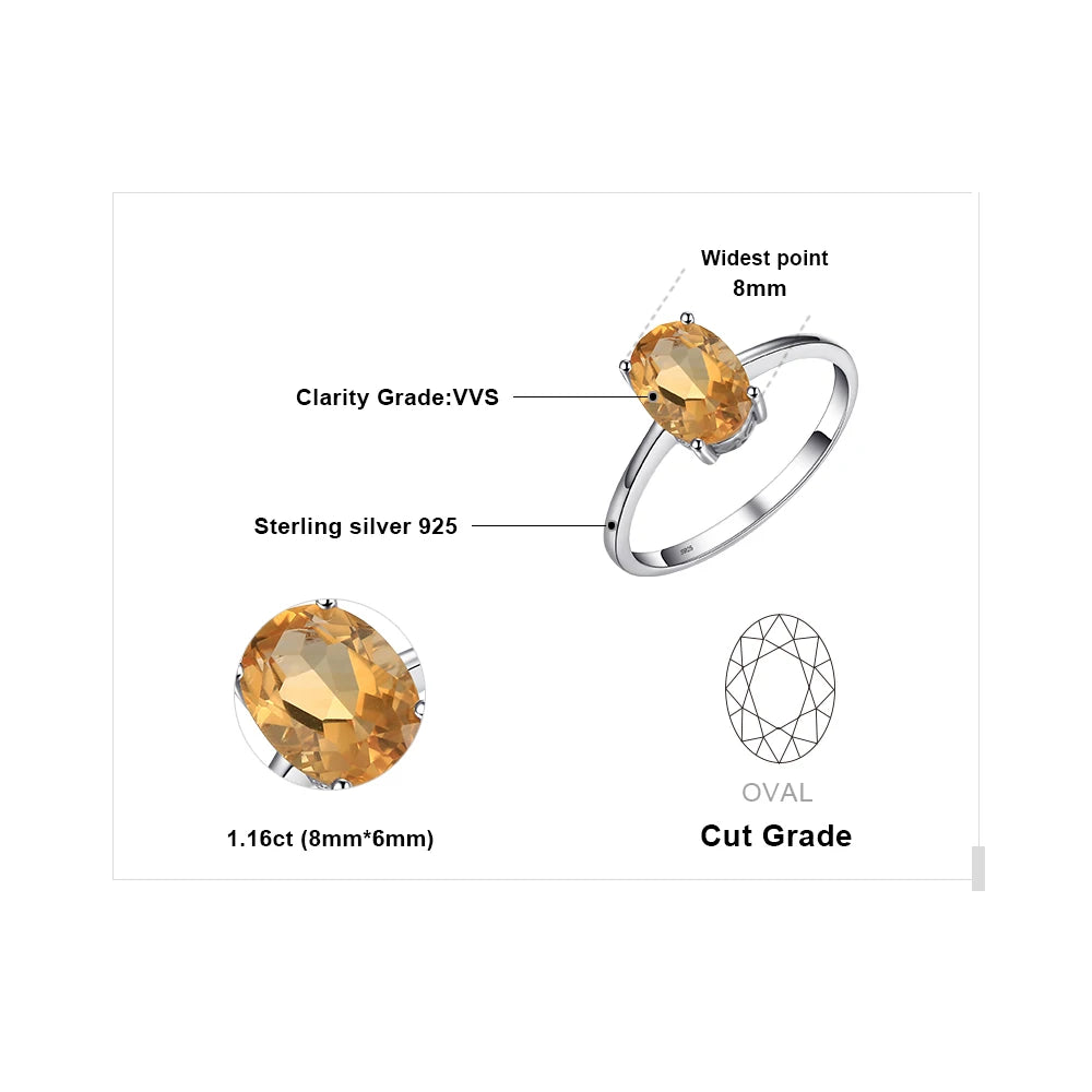 Oval Yellow Genuine Natural Citrine 925 Sterling Silver Rings for Women Fashion Gemstone Solitaire Engagement Band