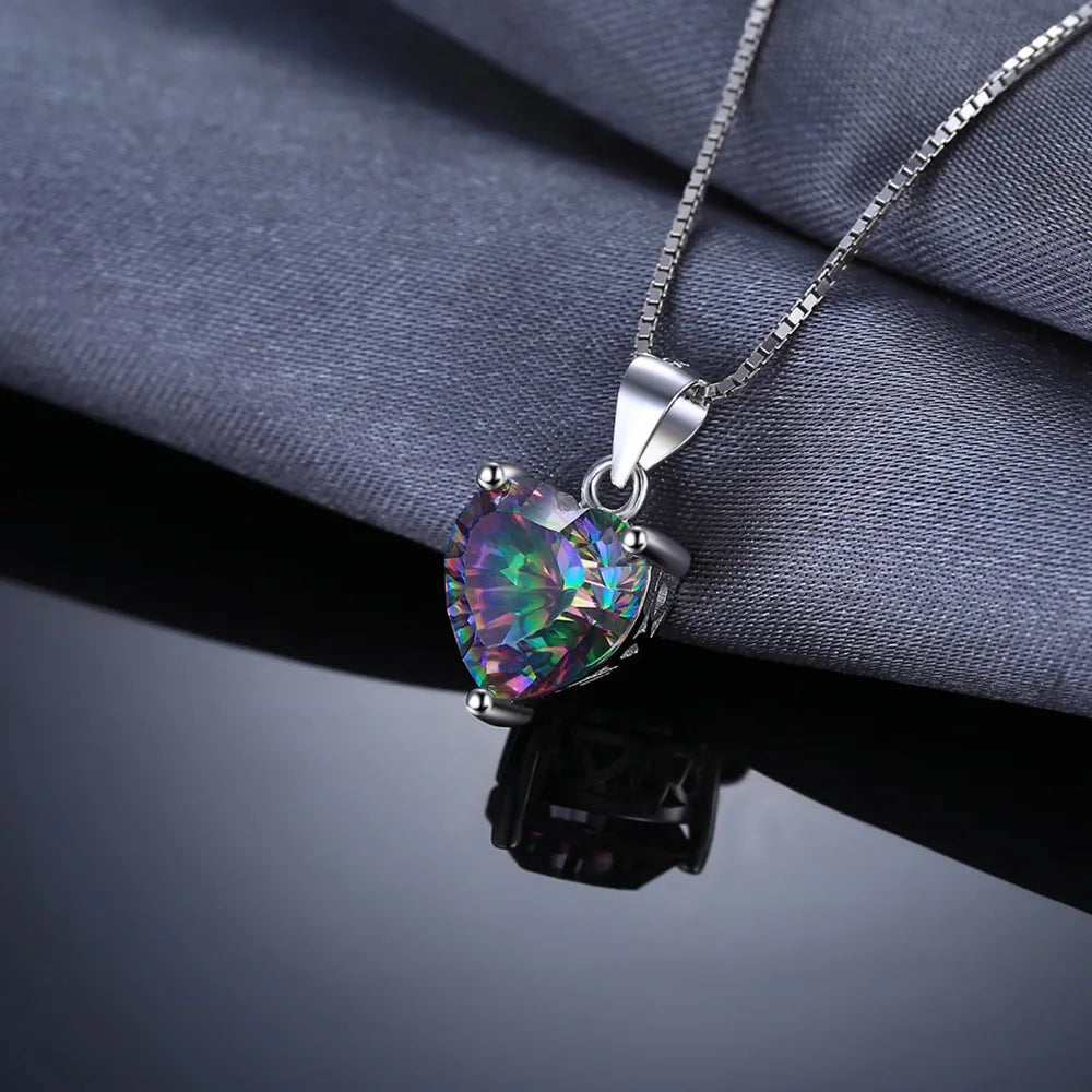 Heart Natural Rainbow Fire Mystic Quartz 925 Sterling Silver Pendant Necklace for Women Gemstone Choker No Chain
