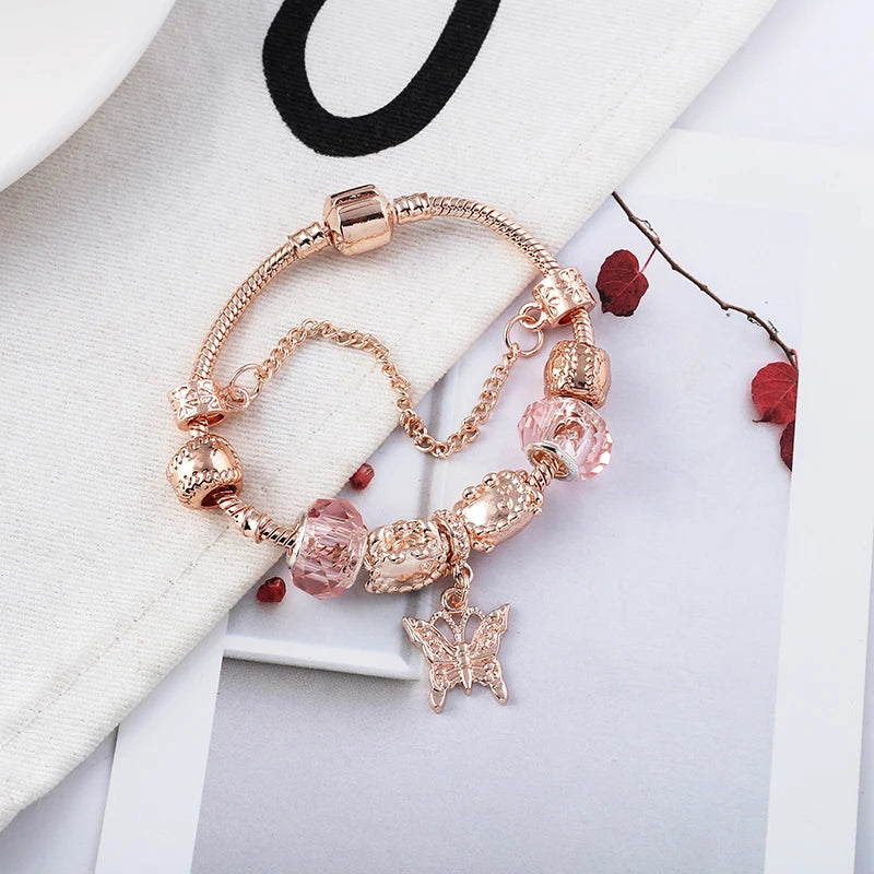 Rose golden butterfly Charm Bracelet With An crown Beads Fits Fine Bracelet Women Party