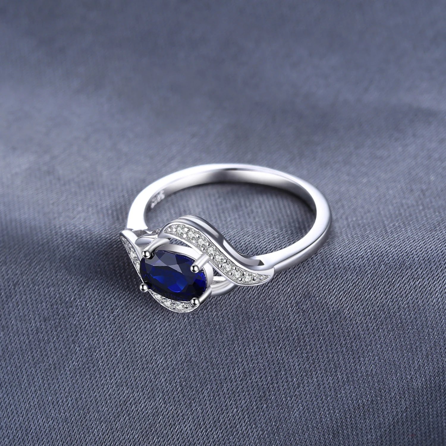 Created Blue Sapphire 925 Sterling Silver Ring for Women Statement Halo Engagement Ring Oval Gemstone Jewelry