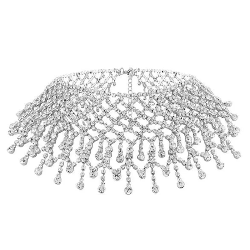 luxury Rhinestone Chain Choker Necklace For Women Elegant Full Crystal Tassel Choker Collar Fashion Bridal Jewelry