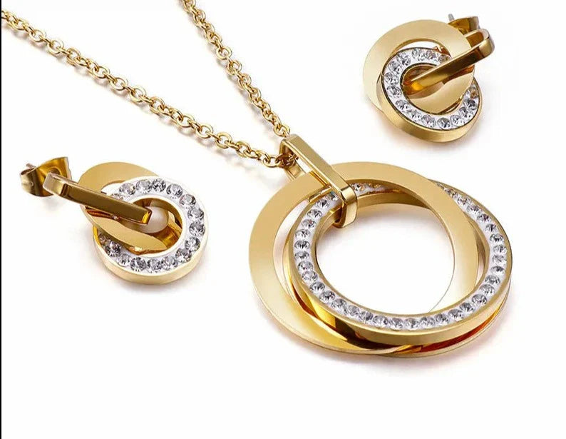 Stainless Steel Jewelry Sets For Women Three Rounds Pendant Necklace Earrings Set Women Fashion Zirconia Wedding Jewelry-Dollar Bargains Online Shopping Australia