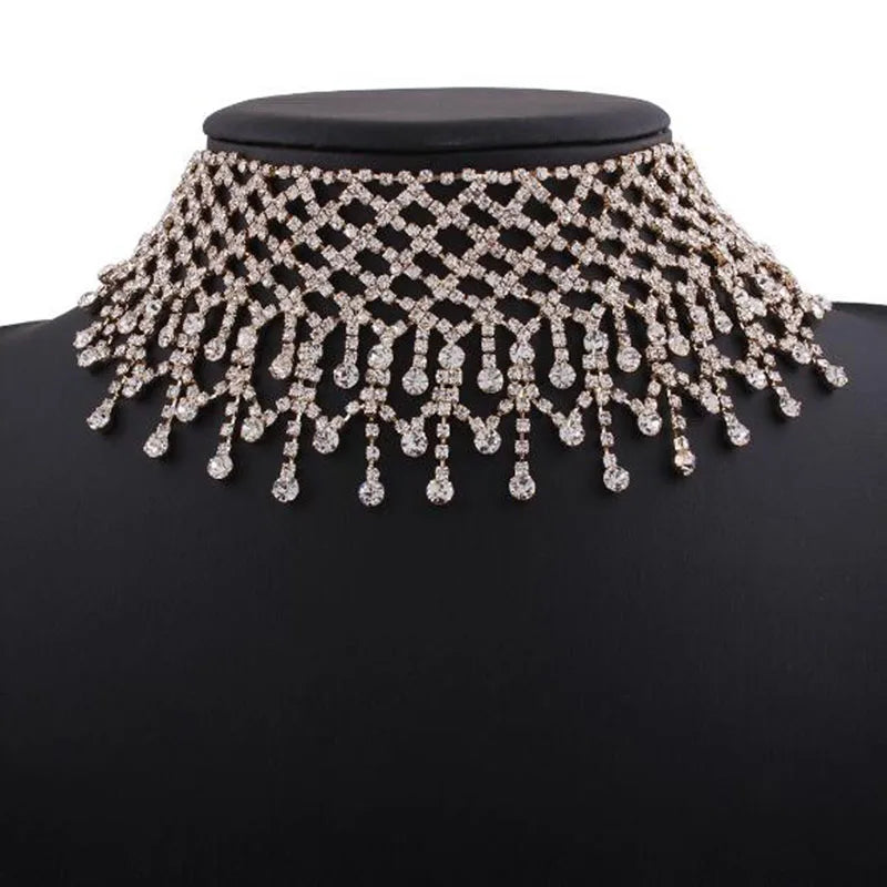 luxury Rhinestone Chain Choker Necklace For Women Elegant Full Crystal Tassel Choker Collar Fashion Bridal Jewelry