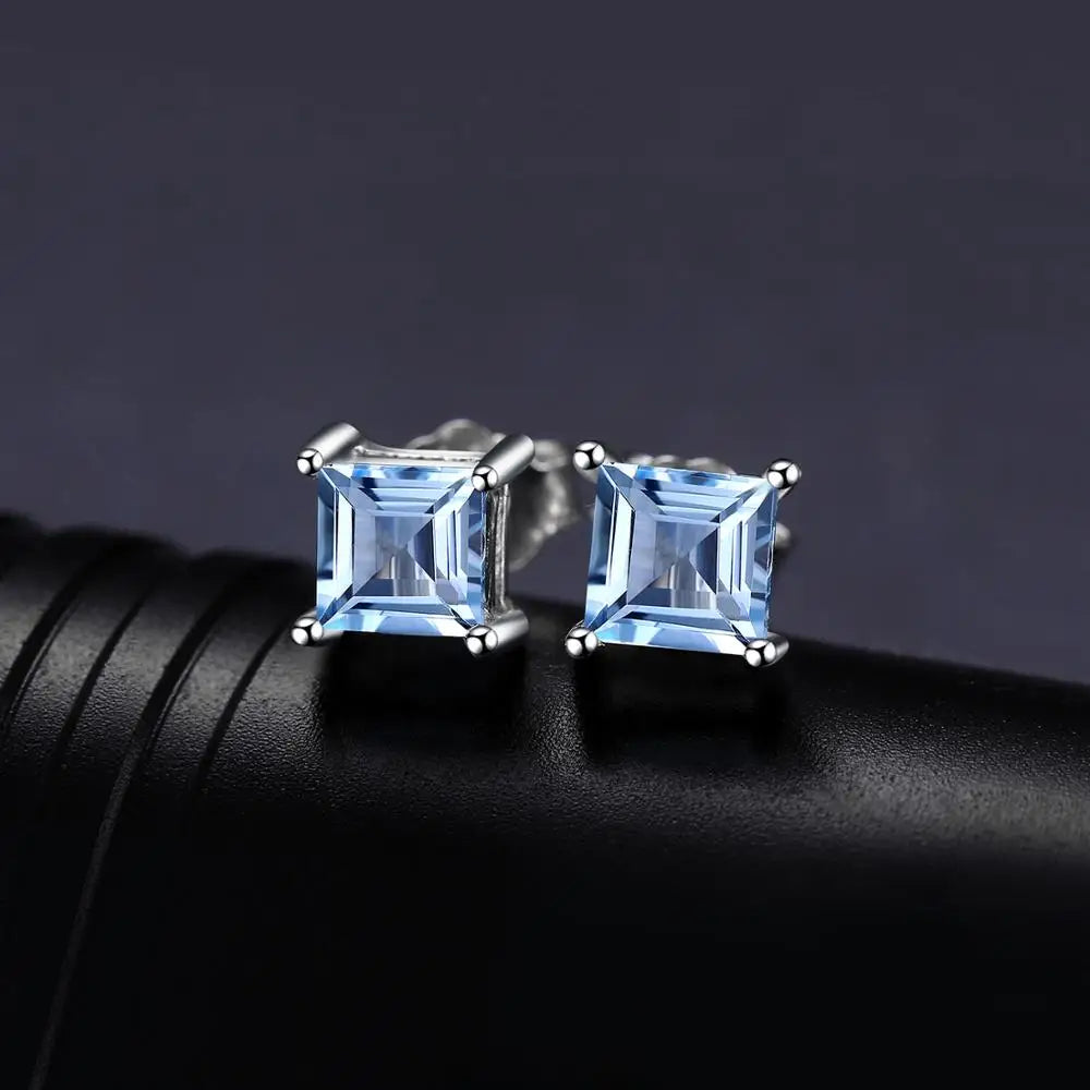 Square Genuine Blue Topaz Amethyst Citrine Garnet Created Sapphire Ruby Emerald 925 Sterling Silver Stud Earrings