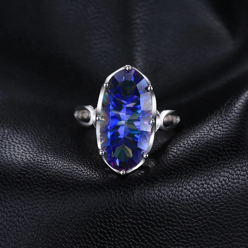 Large Genuine Natural Rainbow Fire Mystic Quartz Solid 925 Sterling Silver Ring for Women Statement Cocktail Ring
