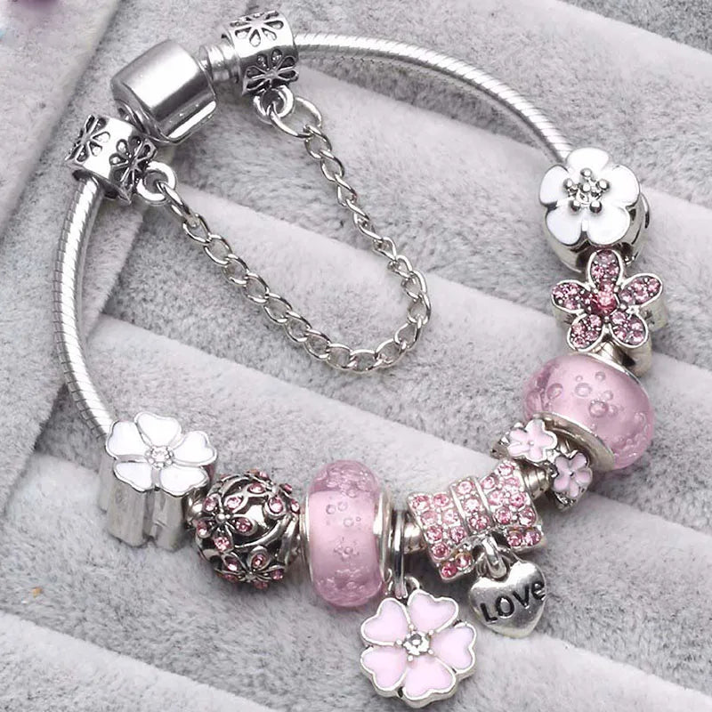 Vintage Silver Color Charms Bracelets for Women DIY Crystal Beads Brand Bracelets Women