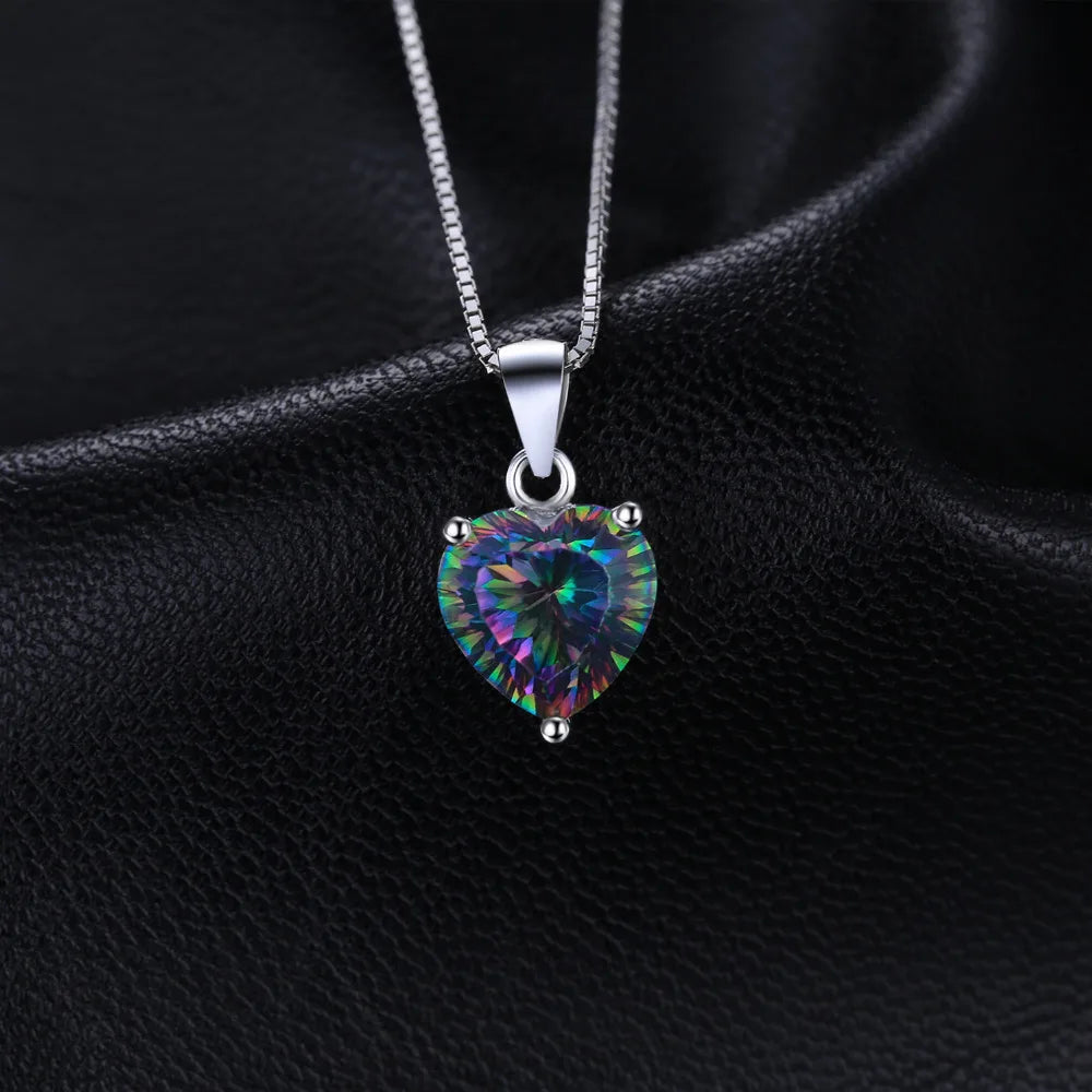 Heart Natural Rainbow Fire Mystic Quartz 925 Sterling Silver Pendant Necklace for Women Gemstone Choker No Chain