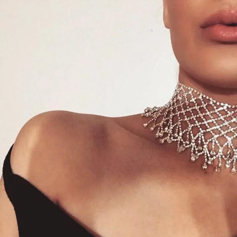 luxury Rhinestone Chain Choker Necklace For Women Elegant Full Crystal Tassel Choker Collar Fashion Bridal Jewelry