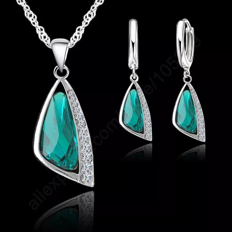 Hot Selling 925 Sterling Silver Women Wedding Jewelry Sets With Green Triangle Crystal Earrings Necklace Set Wedding Gifts-Dollar Bargains Online Shopping Australia