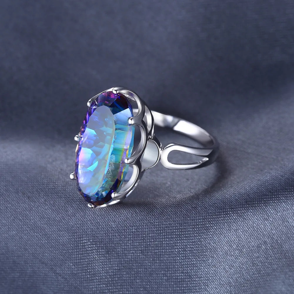 Large Genuine Natural Rainbow Fire Mystic Quartz Solid 925 Sterling Silver Ring for Women Statement Cocktail Ring