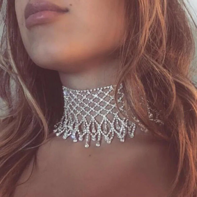 luxury Rhinestone Chain Choker Necklace For Women Elegant Full Crystal Tassel Choker Collar Fashion Bridal Jewelry