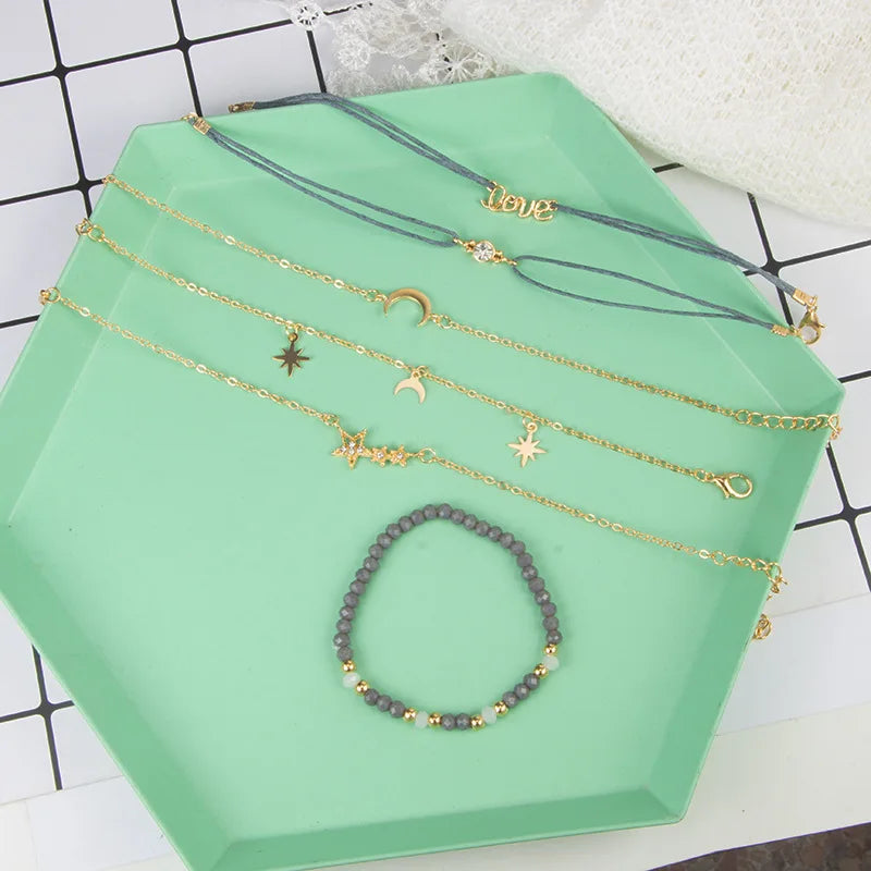 Tocona Boho Love Moon Bracelets for Women Charms Bead Gold Color Star Clear Crystal Stone Letter Rope-Dollar Bargains Online Shopping Australia