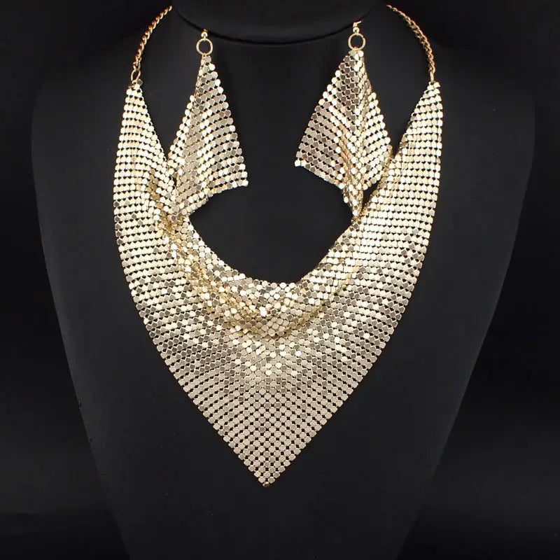 Rhinestone Metal Slice Bib Choker Necklaces Earrings Party Wedding Fashion Jewelry Sets-Dollar Bargains Online Shopping Australia