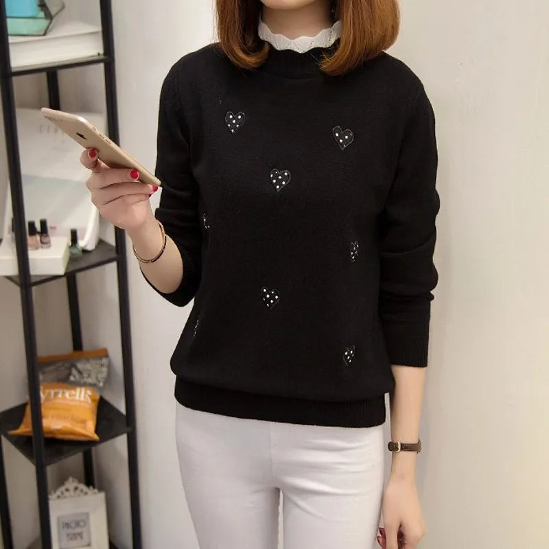 Sweater Womens Knitted Top Knit Sweater Ladies Embroidery Loose Wild Short Pullover