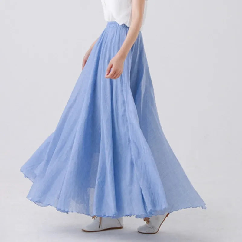 Cotton Linen Maxi Skirt Women Elastic High Waist Pleated A-Line Beach Skirts Boho-Dollar Bargains Online Shopping Australia