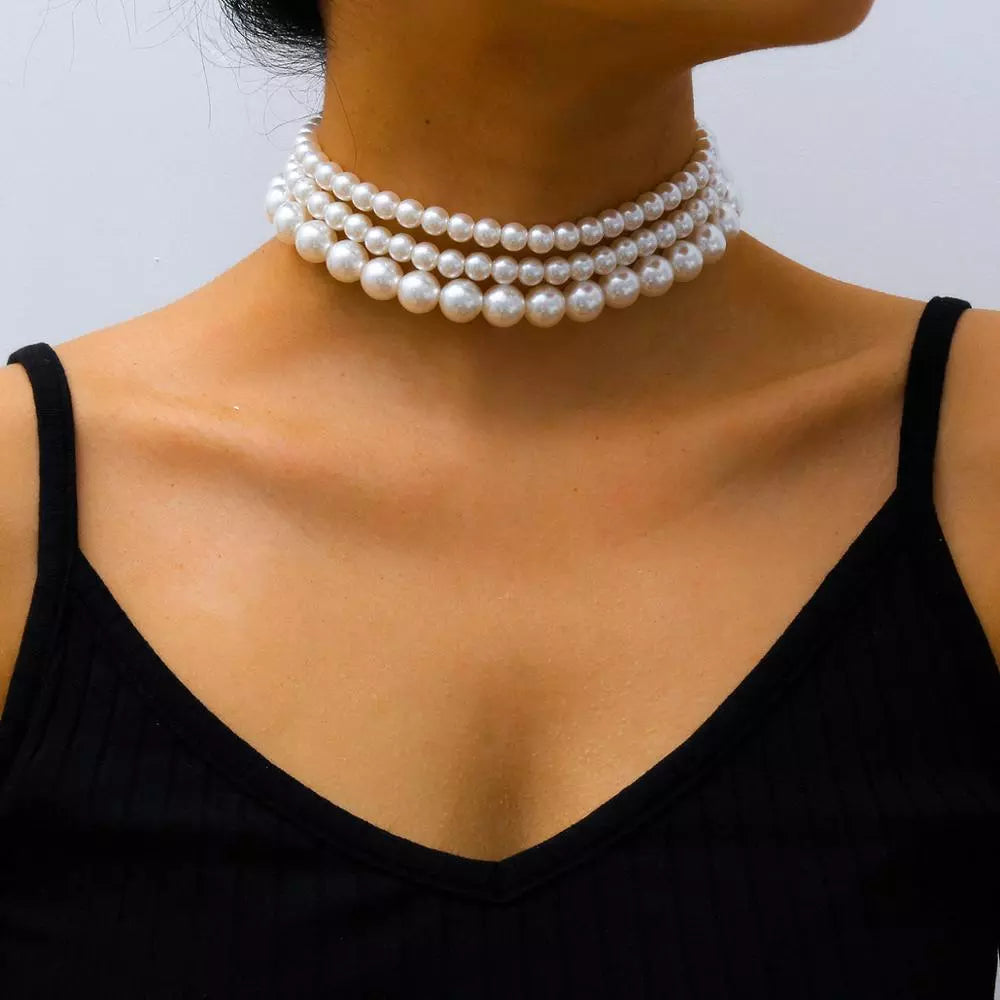 Multi-Layer White Imitation Pearl Necklace Bead Chain Punk Ladies Wedding Short Clavicle Charm Banquet Jewelry