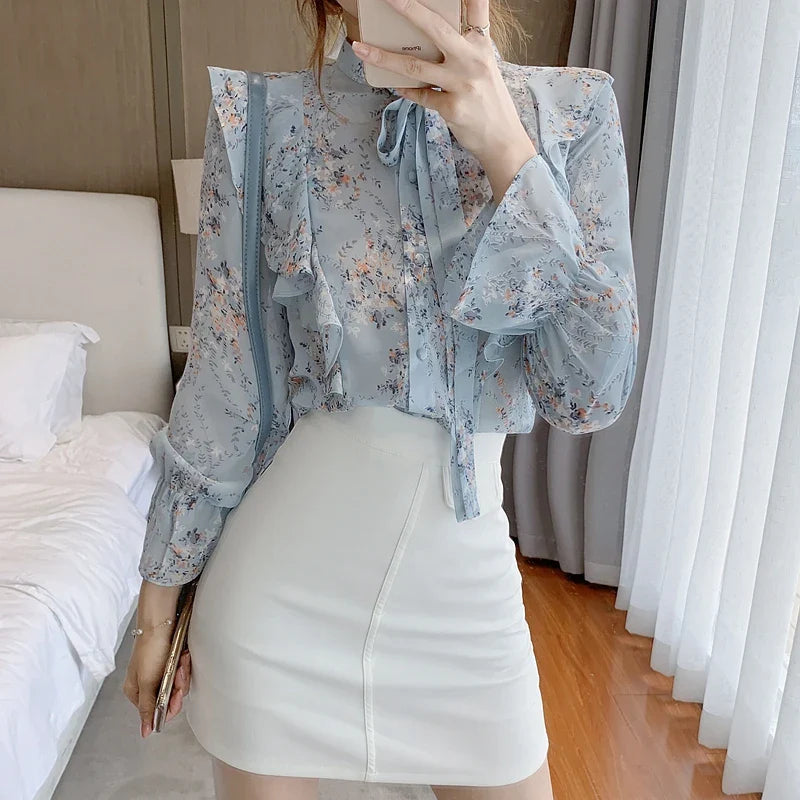 Autumn Long Sleeve Blouse Wome Ruffles Blue Print Chiffon Blouse Shirt Tops Women Blouses-Dollar Bargains Online Shopping Australia