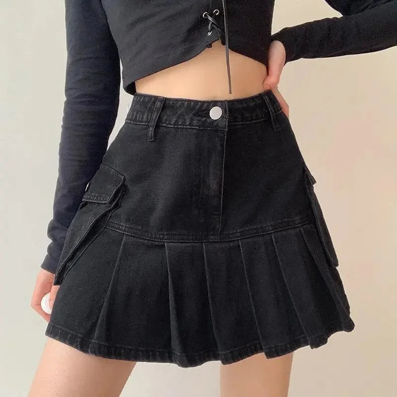 Skirt Women Folds Denim Mini Casual A-Line Vintage Fashionable Harajuku Sweet Girls-Dollar Bargains Online Shopping Australia