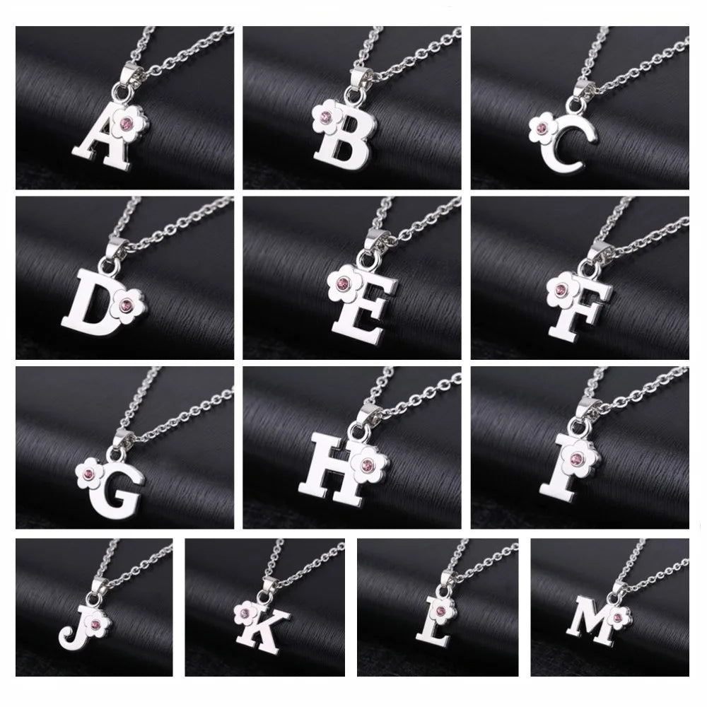 Initials Flower Letter Name Necklace for Girls Children's Alloy Crystal Flower A-Z Alphabet Pendant Chain Kids Jewelry