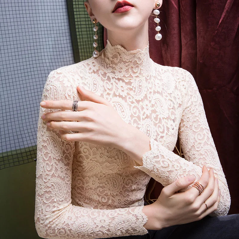 Women Casual Sexy Turtleneck Chiffon Pullover long sleeve Lace blouses shirts blouse Tops-Dollar Bargains Online Shopping Australia